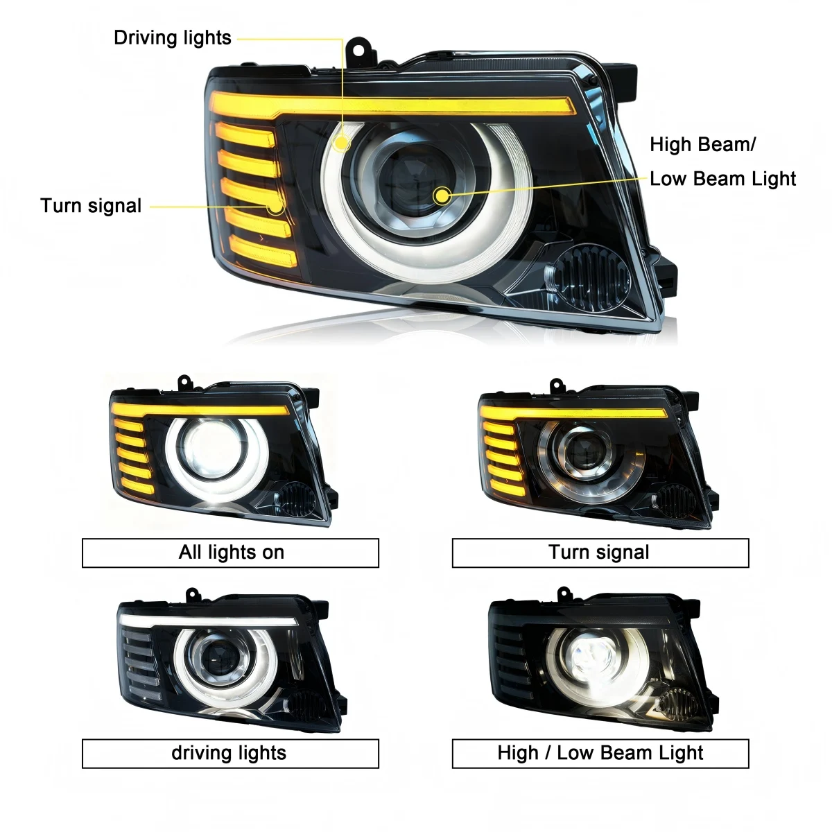 LED Headlight Assembly for Nissan Patrol Y61 2005-2022 DRL Dual Beam Lens Sequential Turn Signal Front Lamp
