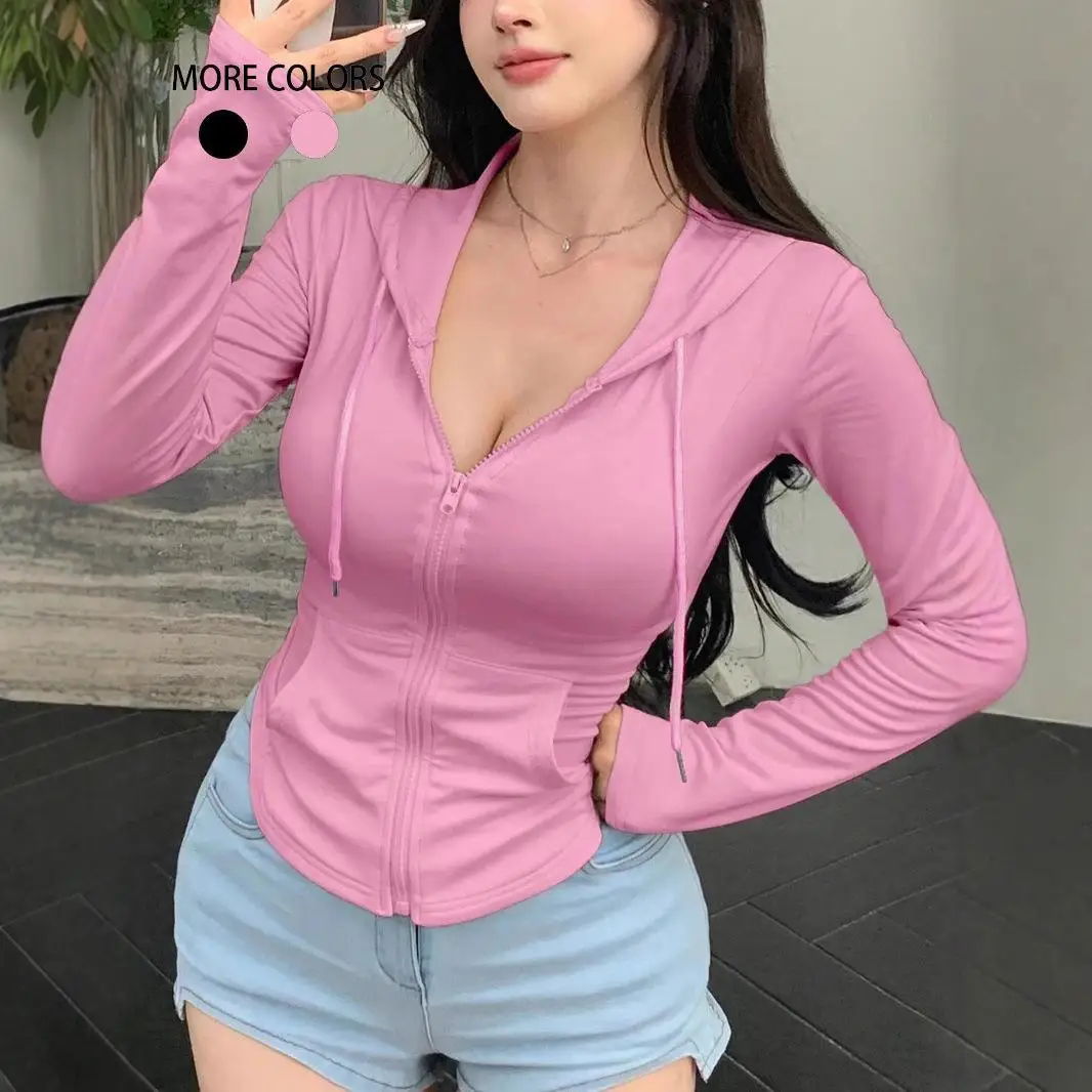 

Women's Zipper Short Fit Hooded Sweatshirt Casual Style Regular Sleeve Length Single Piece Pure Color Winter Collection