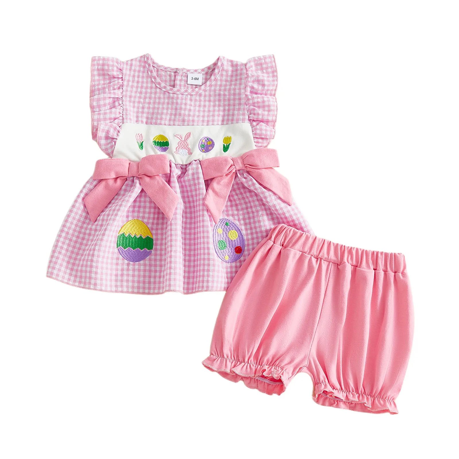 Toddler Baby Girl Easter Outfit Plaid Bunny/Carrot Flying Sleeve Ruffle Tops and Solid Bloomers 2 Piece Set 3M-3T