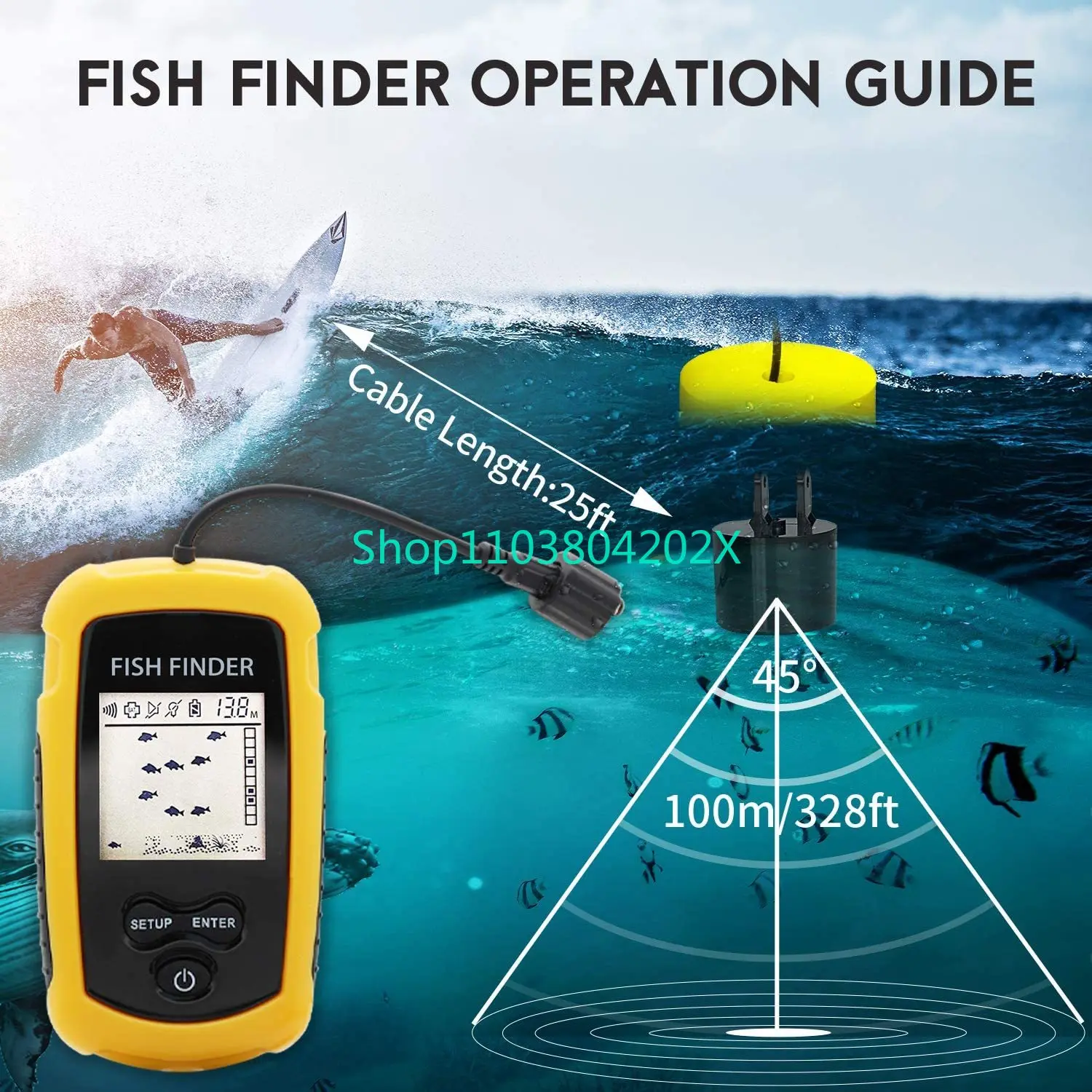 Alarm 100M Portable Sonar Fish Finders 45 degrees Sonar Coverage Echo Sounder Alarm Transducer Lake Sea Fishing