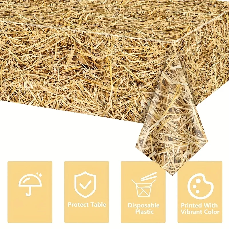 مجموعة مفرش طاولة رعاة البقر الغربية مكونة من 3 قطع - غطاء بلاستيكي لموضوع مزرعة المزرعة مع طباعة بالة القش، 54 × 108 بوصة لديكور حفلات أعياد الميلاد #4