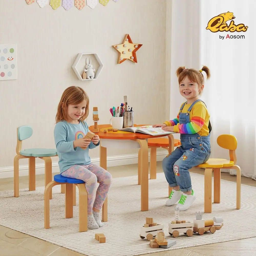 Kids Table and 4 Chairs Set, 5 Piece Wooden Toddler Table and Chair Set with Built-in Storage, lower-Shape Activity Table or Chi