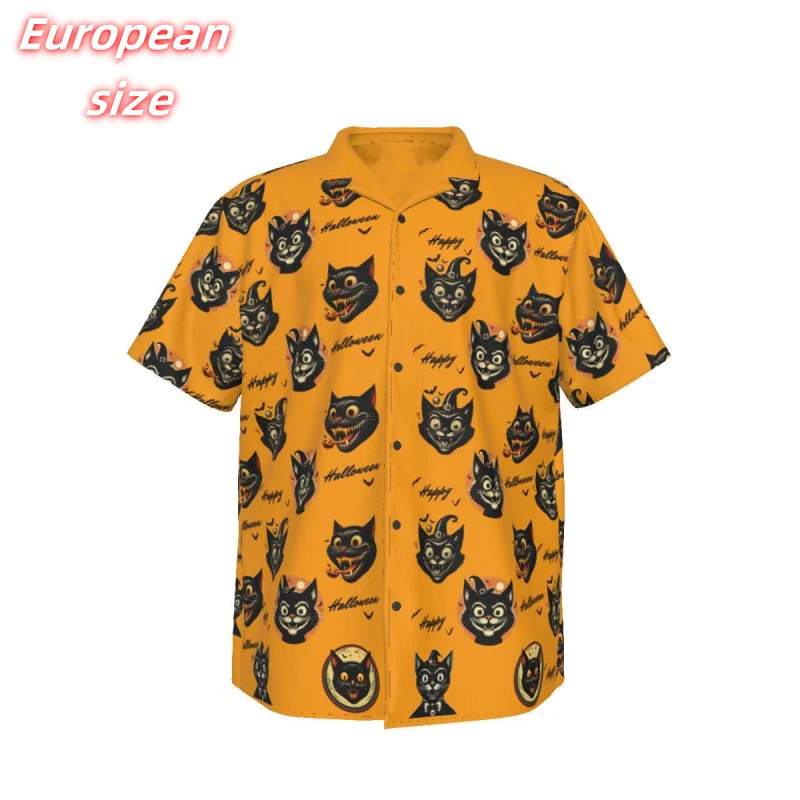 

Cat Pumpkin Bat Pattern Hawaiian Shirt For Men Ghost Halloween 3D Printed Blouse Summer Short Sleeve Lapel Tops Aloha Shirts