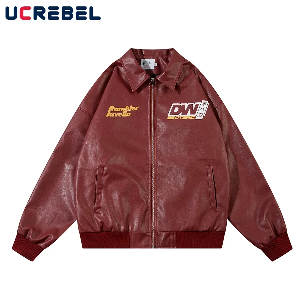 Vintage Car PU Leather Jacket Mens Streetwear Autumn Winter Lapel Long Sleeve Outerwear Men