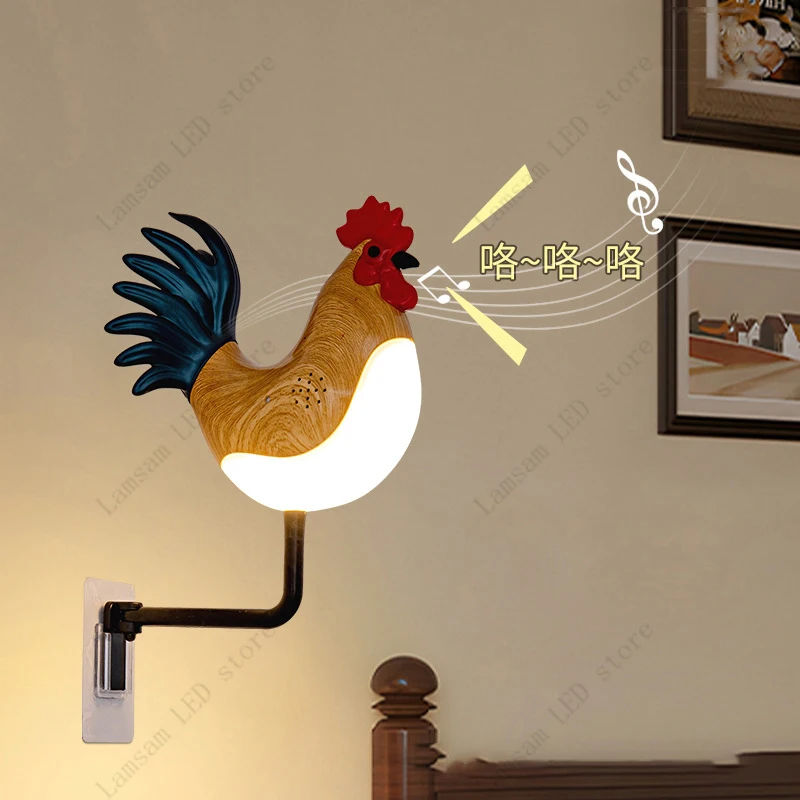 LED Rooster Wall Light USB Rechargeable Cordless Cock Lamp Decorative Animal Lightings for Corridor Living Room Foyer Bedroom