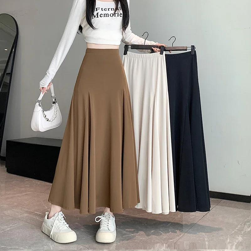 

2024 Autumn Winter New Korean Fashion High-waisted Midi Long A-shaped Skirt.