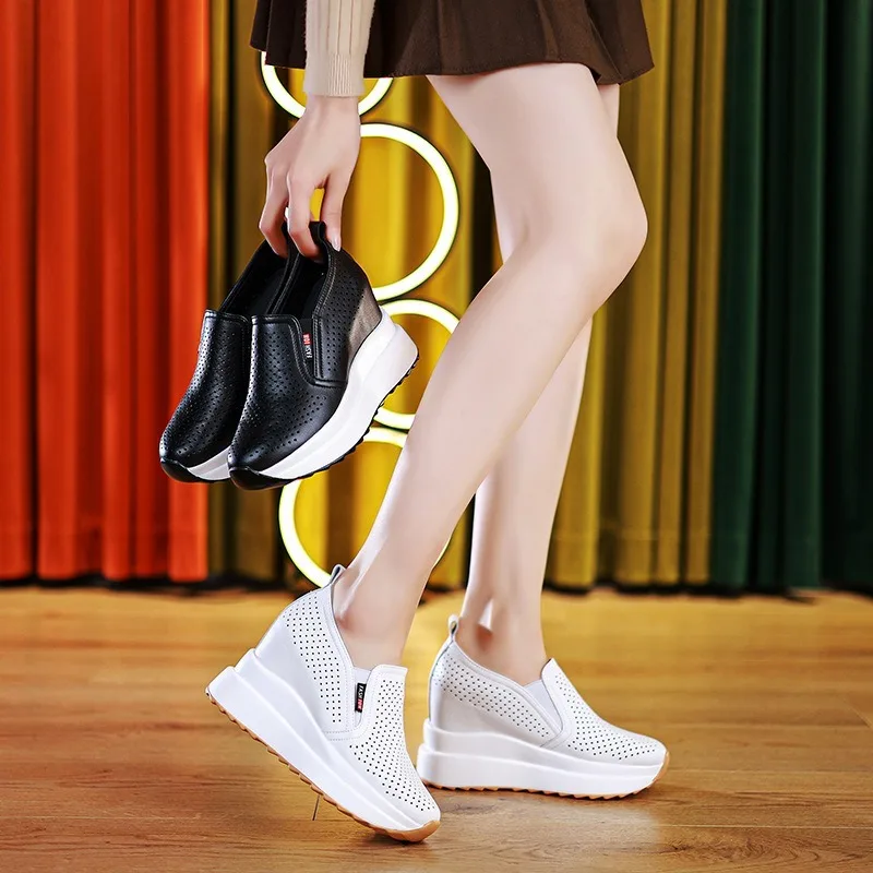 10CM Wedge Pumps Moccasins Women Platform High Brand Sandals Genuine Leather Hollow Summer Shoes Hidden Heels Female Shoes 2024