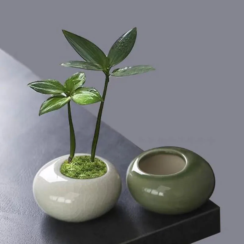 

Mini flowerpot planting, round and flat ice cracked glaze succulent green planters, creative ceramic tabletop decoration