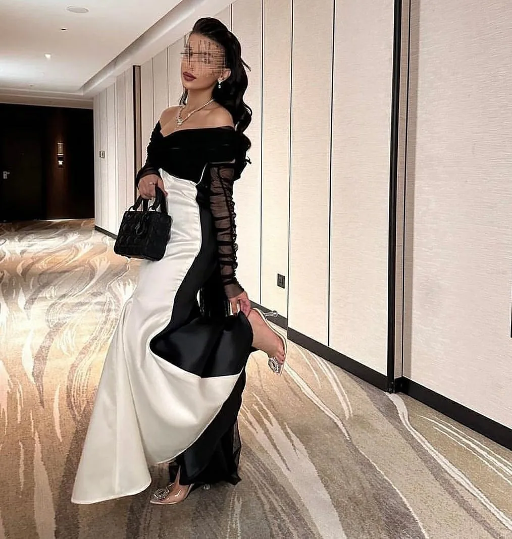 

Msikoods White Black Evening Dresses 2023 Dubai Women Saudi Arabia Long Sleeve Prom Party Gowns Formal Occasion Dress