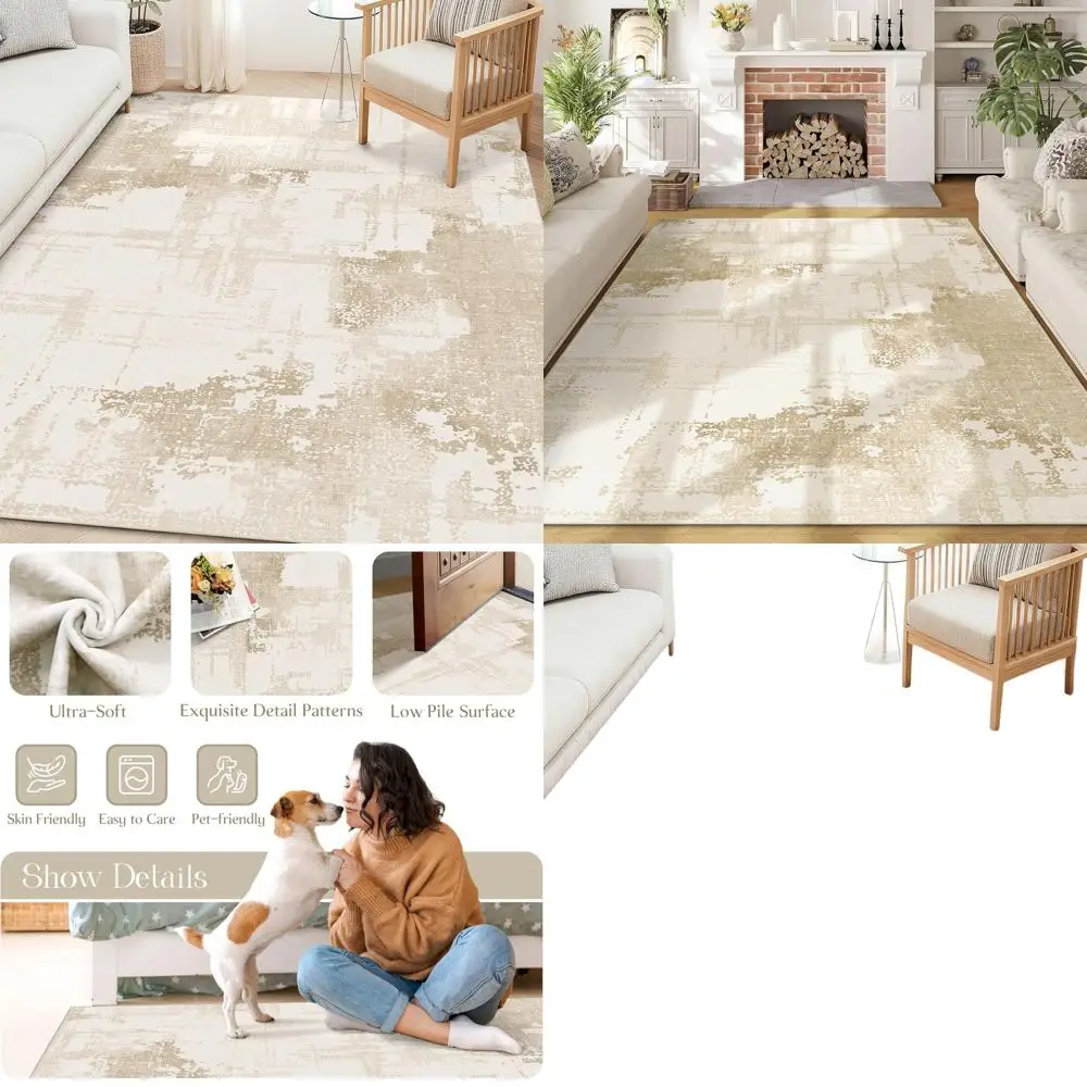 

Large Beige 5x7 Area Rug - Modern Abstract Design, Non-Slip, Washable for Living Spaces & Office