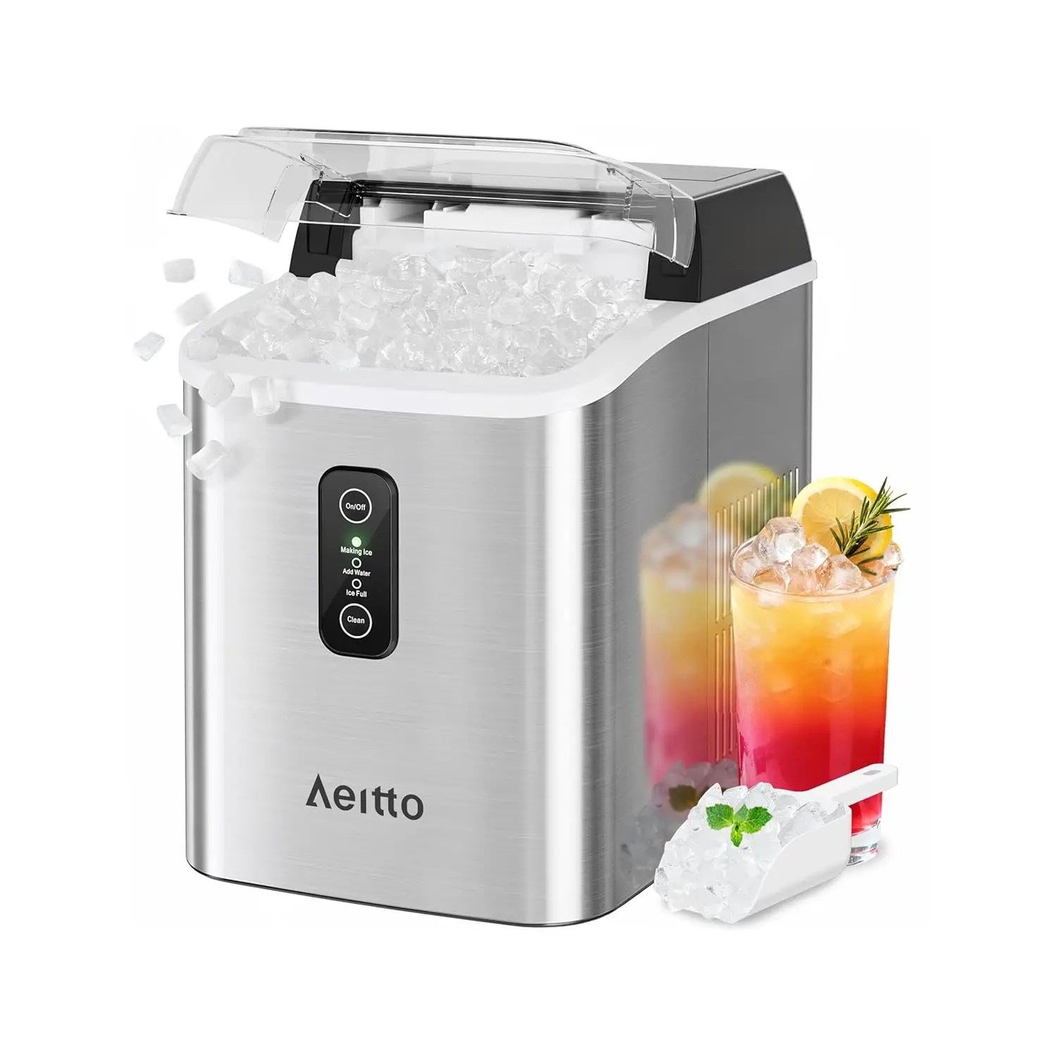 

Aeitto Nugget Ice Maker Countertop, 42lbs/24H Ice Machine with 1.5L Water Tank, Rapid Ice Release in 6 Mins, Self-Cleaning Pebbl