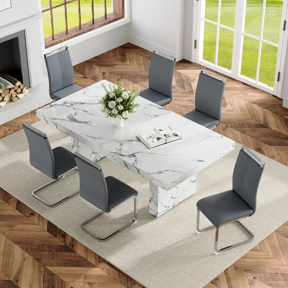 

79 Elegant White Marble Dining Table Set with 6 Chairs, Ideal for Dining, Meetings, and Gatherings