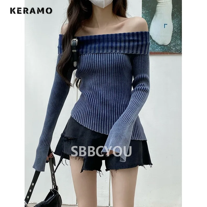 2023 Winter Hotsweet Casual Off Shoulder Knitting Long Sleeve Pullovers Women Striped Sheath Ladies Sexy Knitwear Sweater