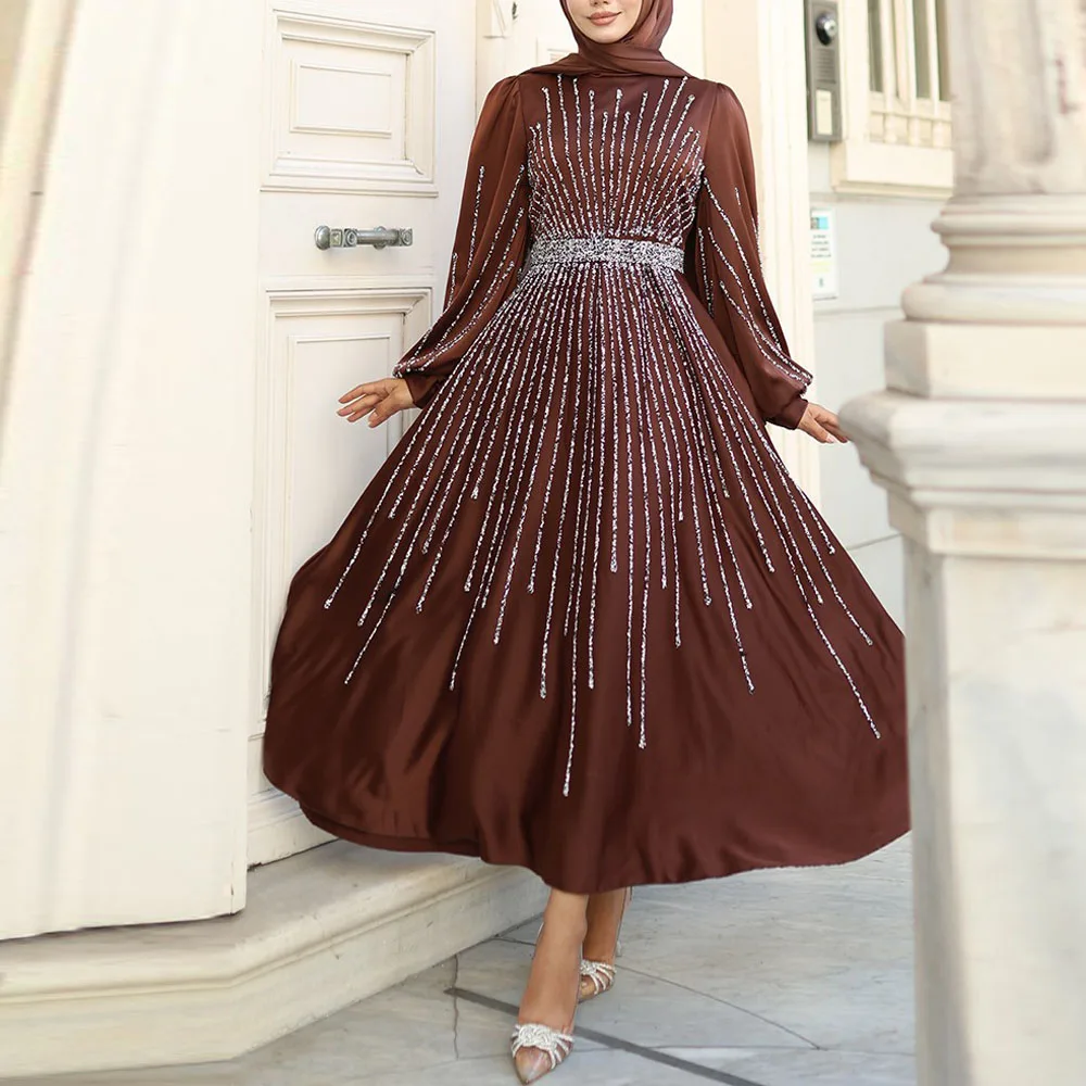

Customized Beading Abiye Evening Dresses Brown Hijab Prom Gown Ankel Length A Line Satin Sequin Muslim Wedding Party Dress