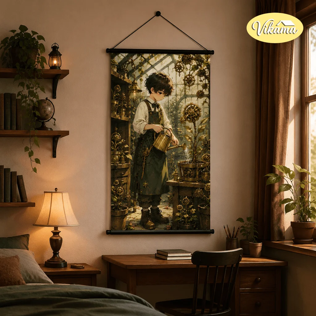 VIKAMA Steampunk Mechanical Garden Tapestry Wall Hanging Anime Girl Gear Flower Wall Art Decor for Bedroom Living Room