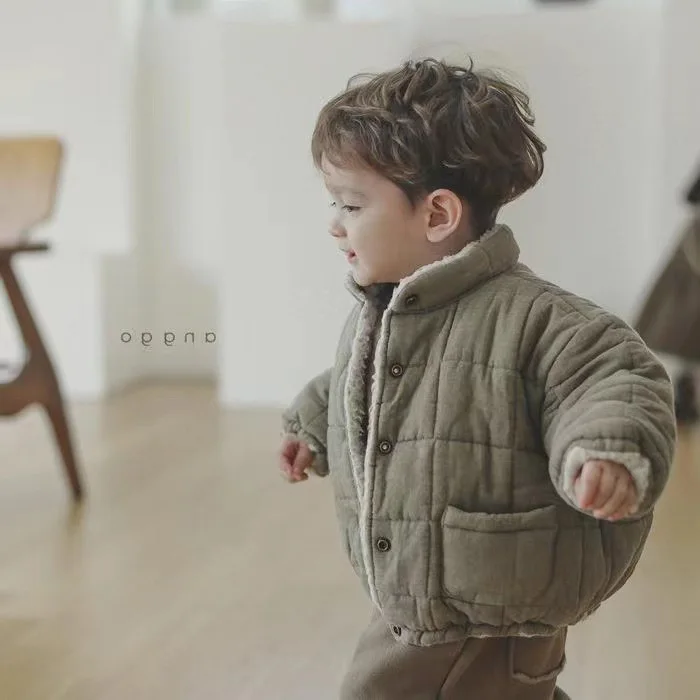 2024 Korean Baby Boys and Girls New Pattern Winter Jacket Adding Velvet and Thickening Cotton-padded High Collar Bread Parkas