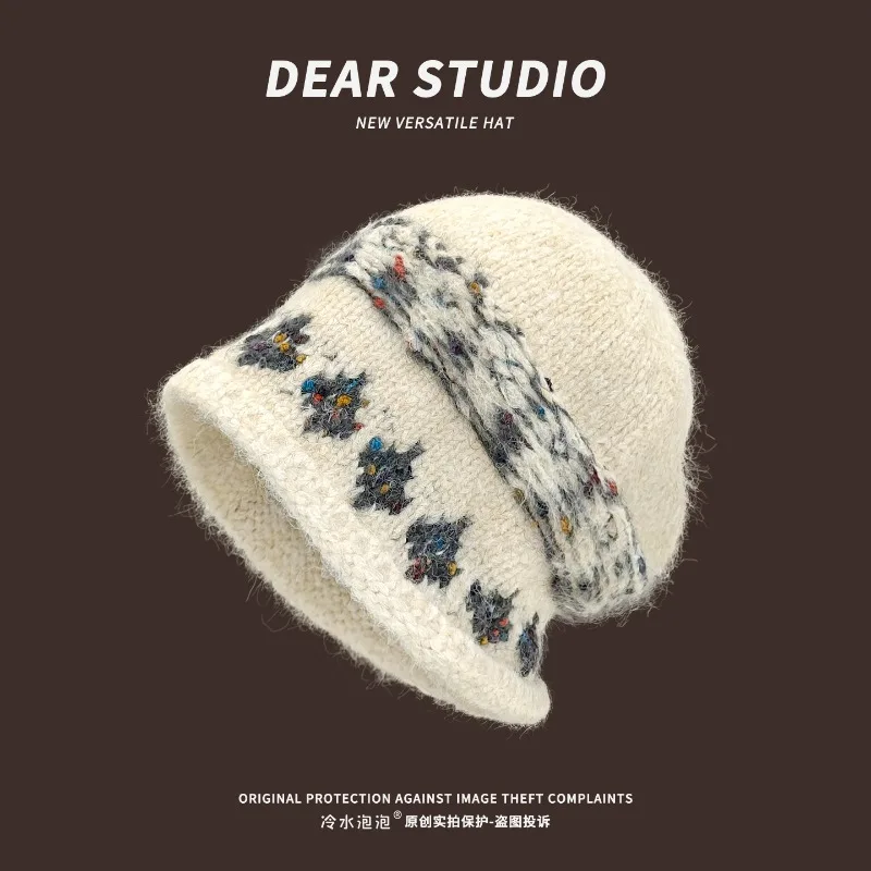 

Korean Ins Retro Jacquard Knitted Hat Women's Autumn and Winter Outdoor Leisure Versatile Warm Ear Protection Skull Beanie Caps