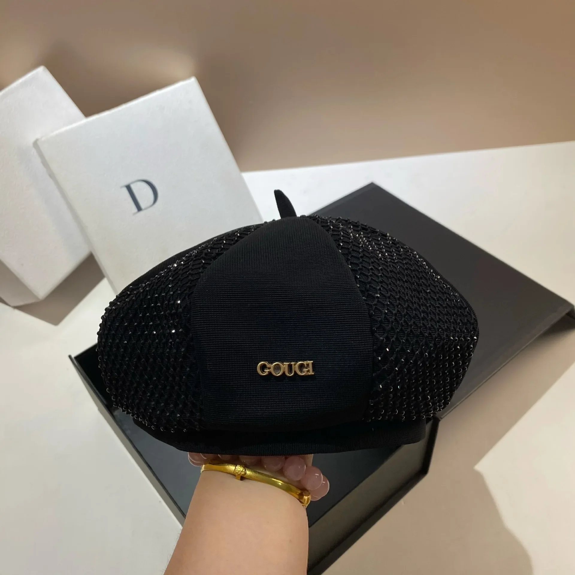 

Women's Rhinestone Beret Hat - Faux Leather Black Beanie with Crystal Embellishment, Vintage Sweet & Cool Headwear