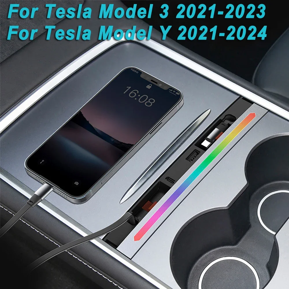 For Tesla Model 3 2021-2023 Model Y 2021-2024 Armrest Box Center Console Docking Station USB Hub Charger 27W Quick Charging