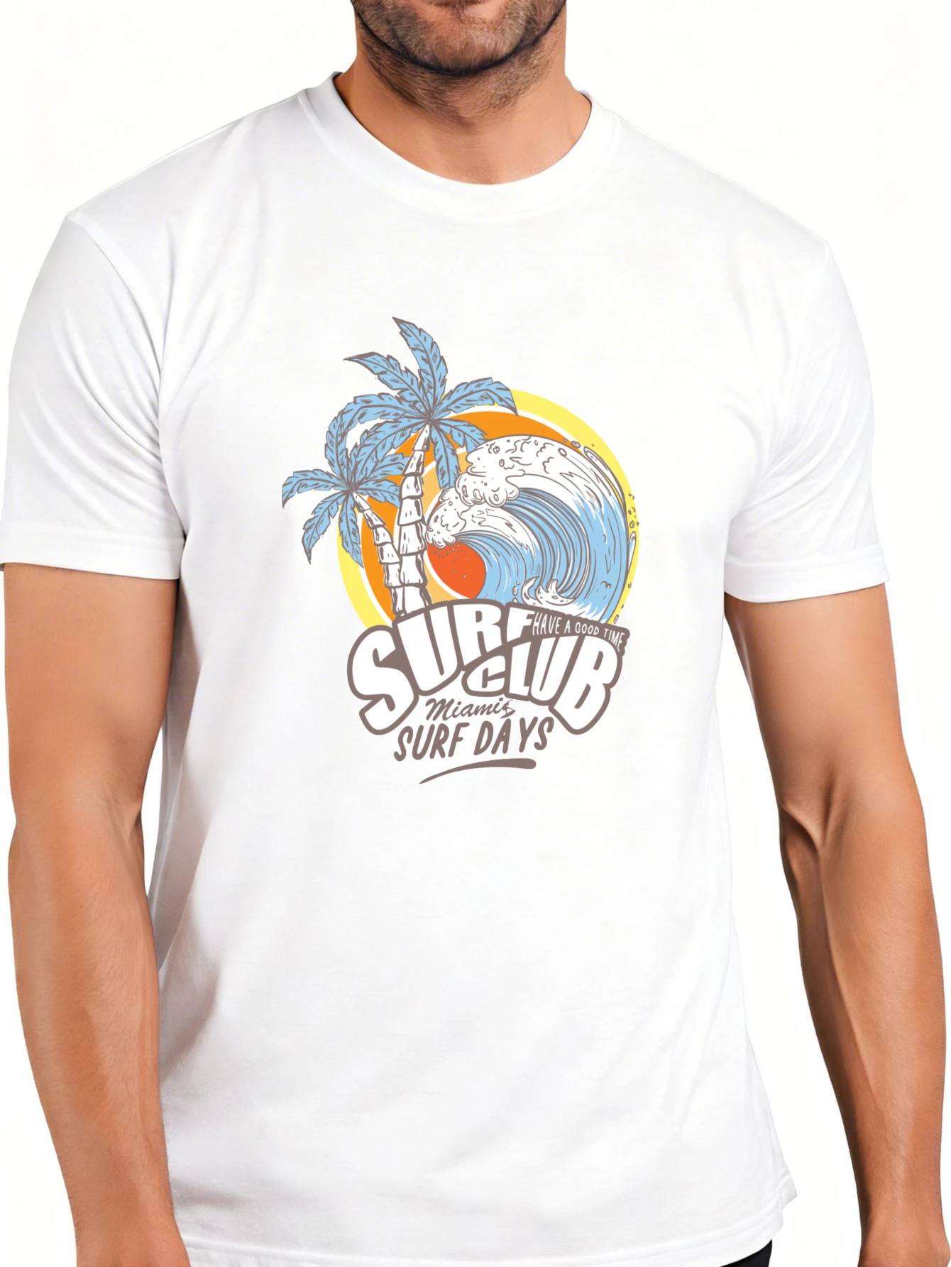 Men's Plain Graphic T-Shirt - Breathable, Soft, Lightweight - Miami Surf Day Surf Club - Vintage Fun Graphic Casual Short Sleeve Summer Top, Gift for Him