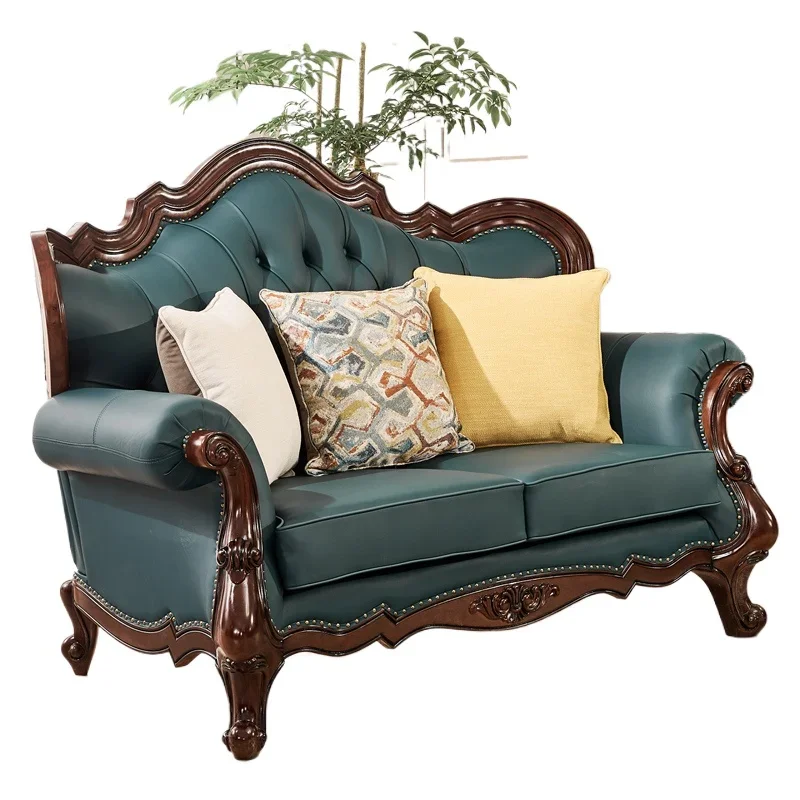 

American sofa solid wood leather first layer cowhide buckle retro high-end living room black walnut sofa