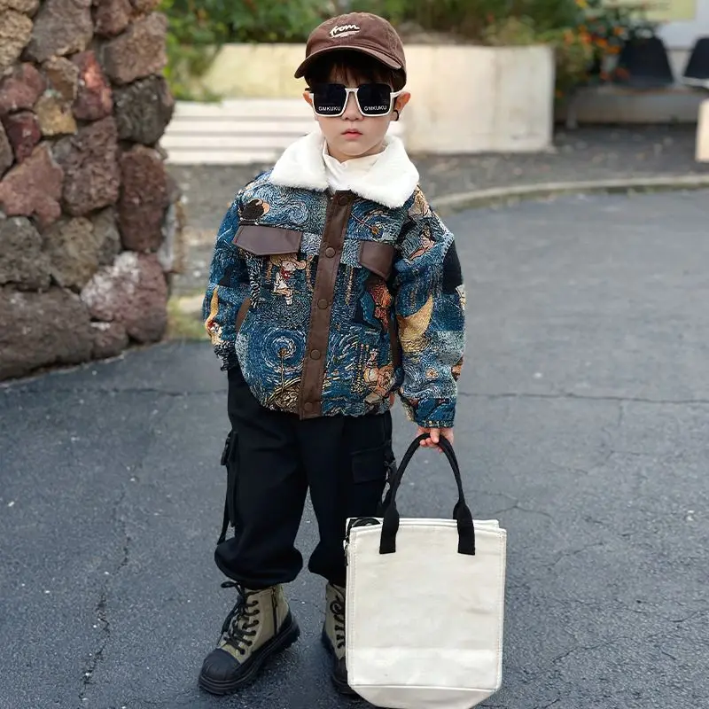 

New Boys' Winter Plush Jacket 2025 Toddlers' Flip Collar Thick Cotton Jacket Children's Trendy Cool Splicing Leather Jacket