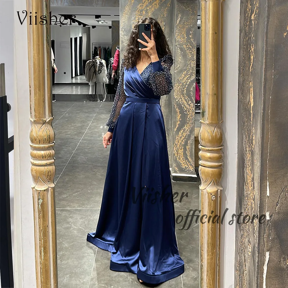 

Viisher Navy Blue Satin Arabia Dubai Evening Dresses Long Sleeve V Neck Formal Dress with Train Women Prom Party Gowns