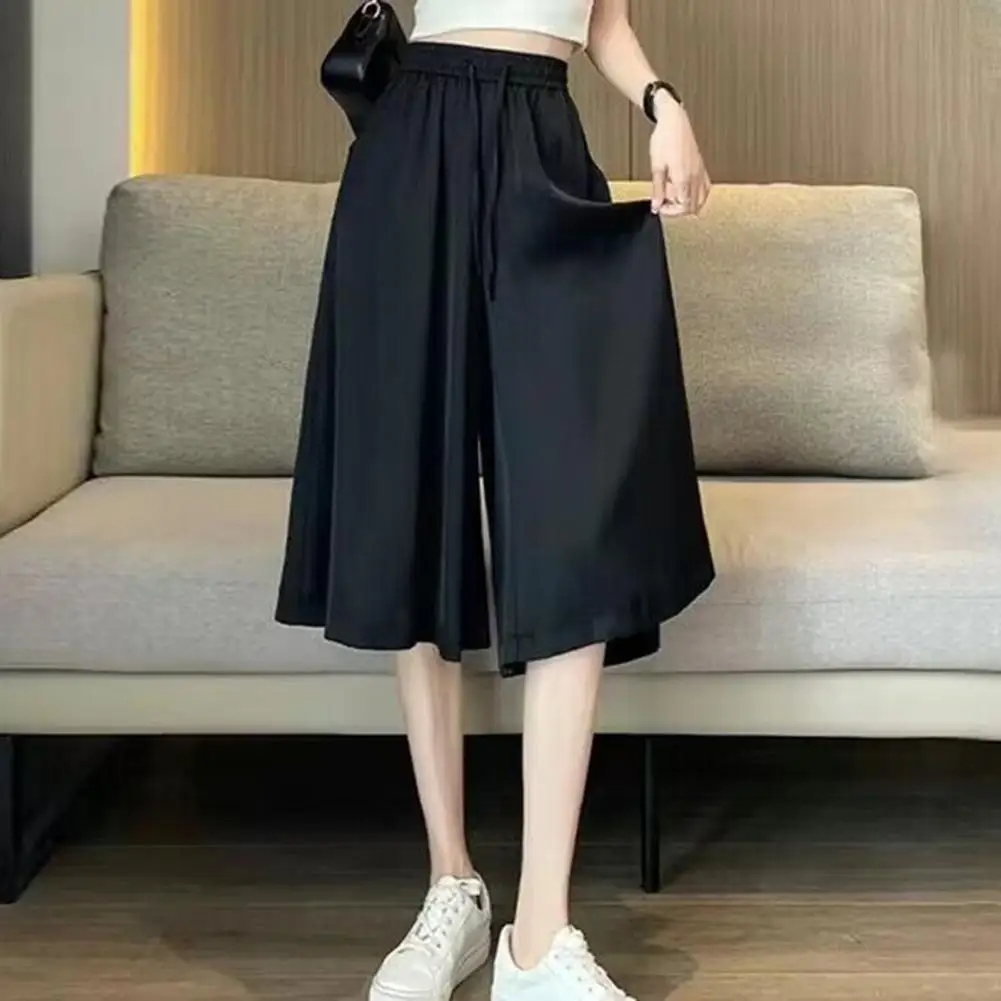 

Women Skirt Pants Elastic Waist Adjustable Drawstring Ice Silk Cropped Pants Solid Color Casual Loose Fit Culottes