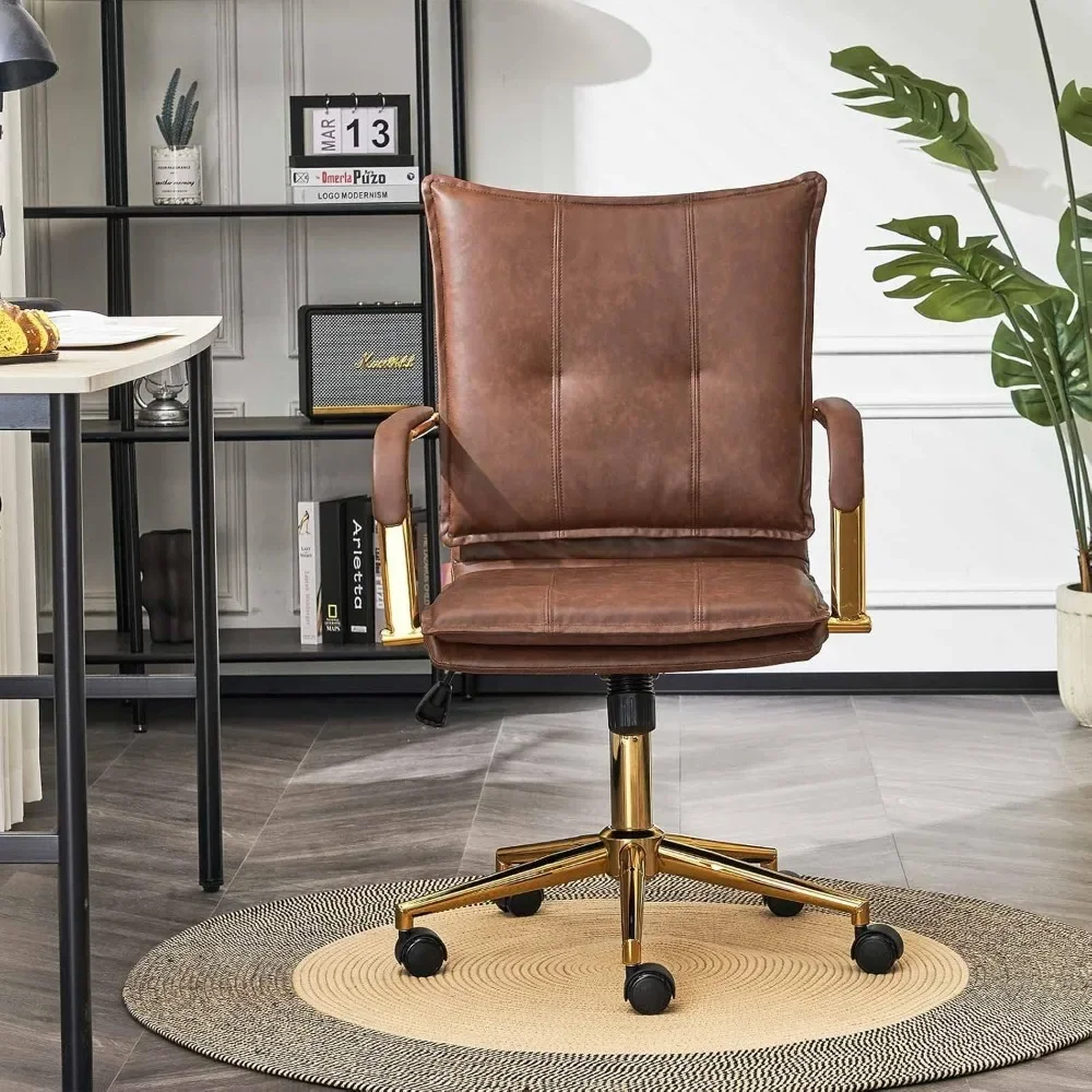 Mid-Back Ergonomic Leather Office Desk Chair, Modern Upholstered Computer Chair, Executive Office Chair with Arms