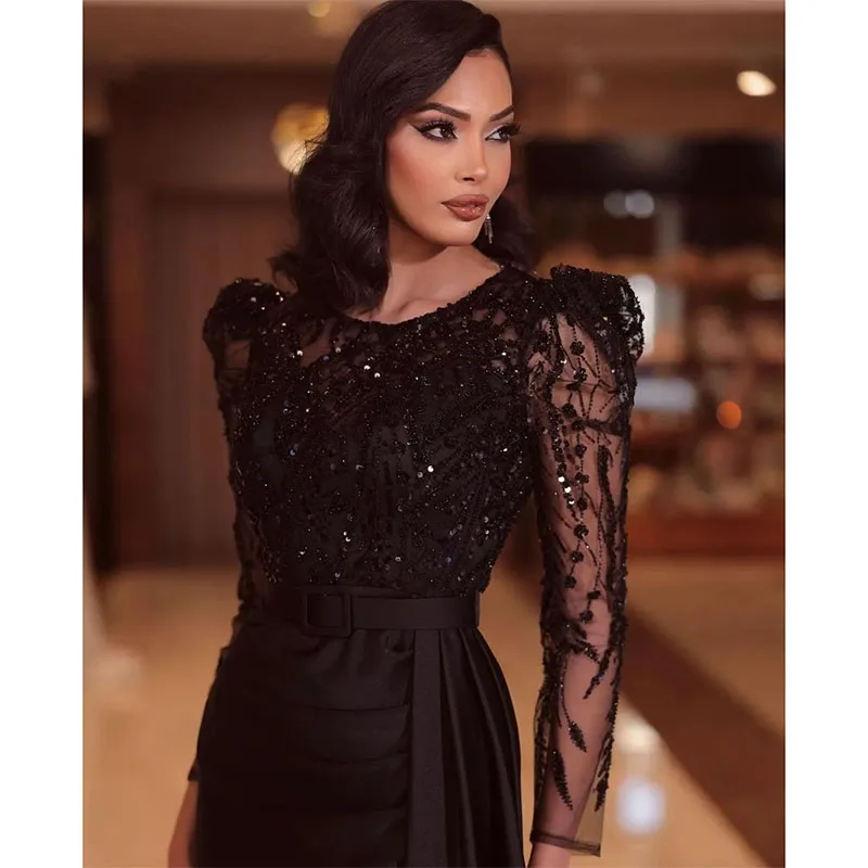 Elegante vestido de noche de línea A negro, Mangas de ilusión, vestidos de fiesta de graduación, largo hasta el suelo, Formal, para ocasiones especiales