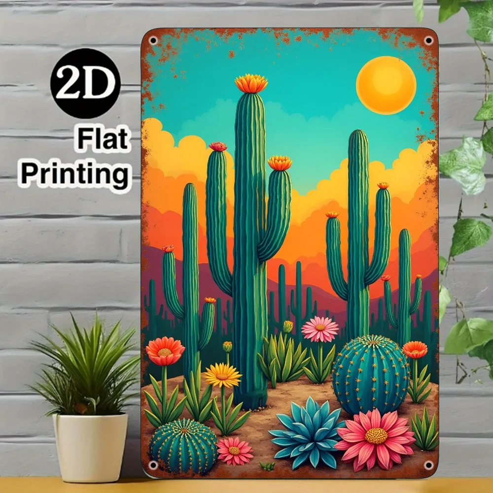 (Peinture sur métal 2D) Panneau métallique vintage en fer avec motif floral de cactus du désert, 8x12 pouces, décoration murale plate 2D pour la maison, le bar, le café, le garage