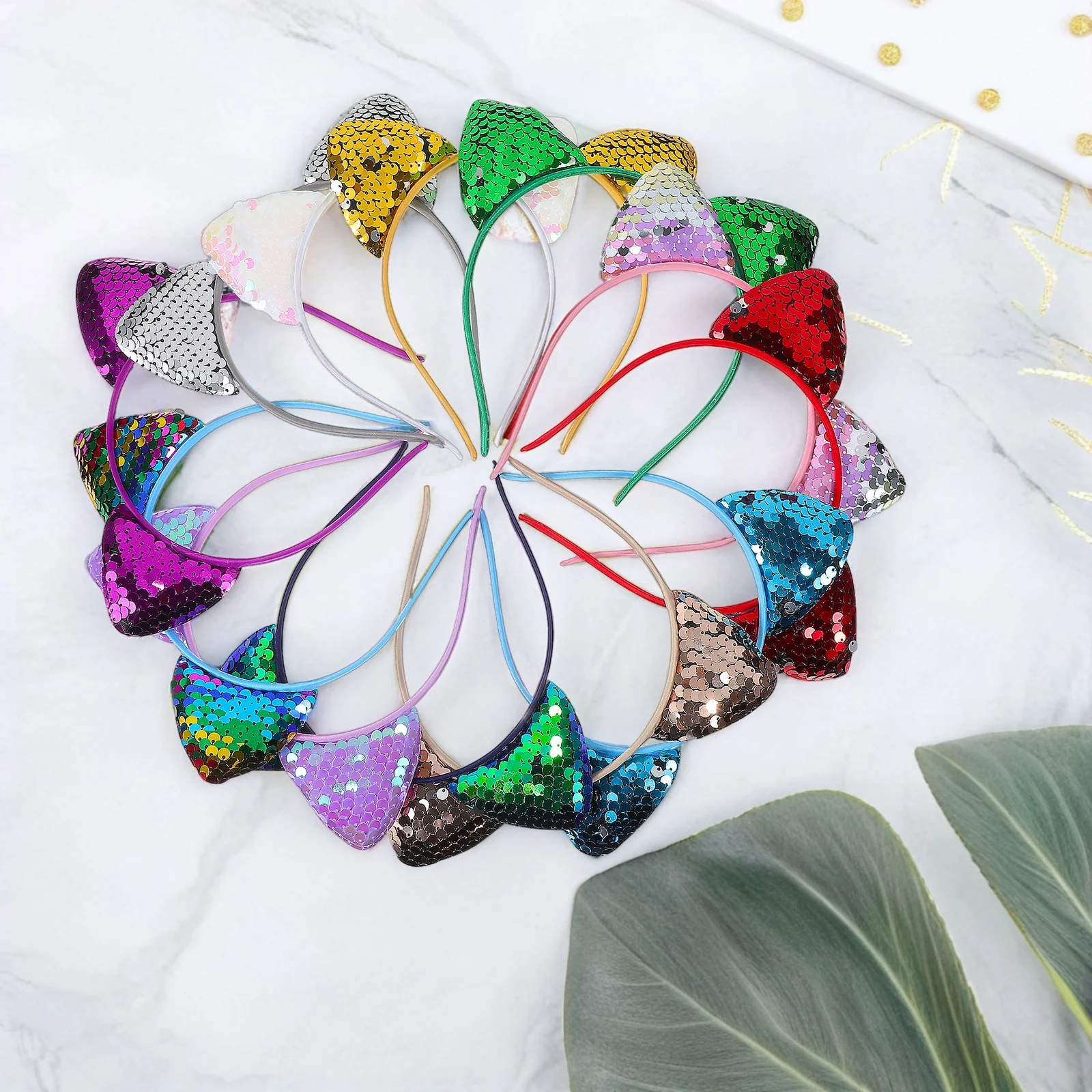 

12pcs Cat Ear Headband Sequins Various Colors Lightweight Birthday Party Supplies Girls Costume Hair Accessories