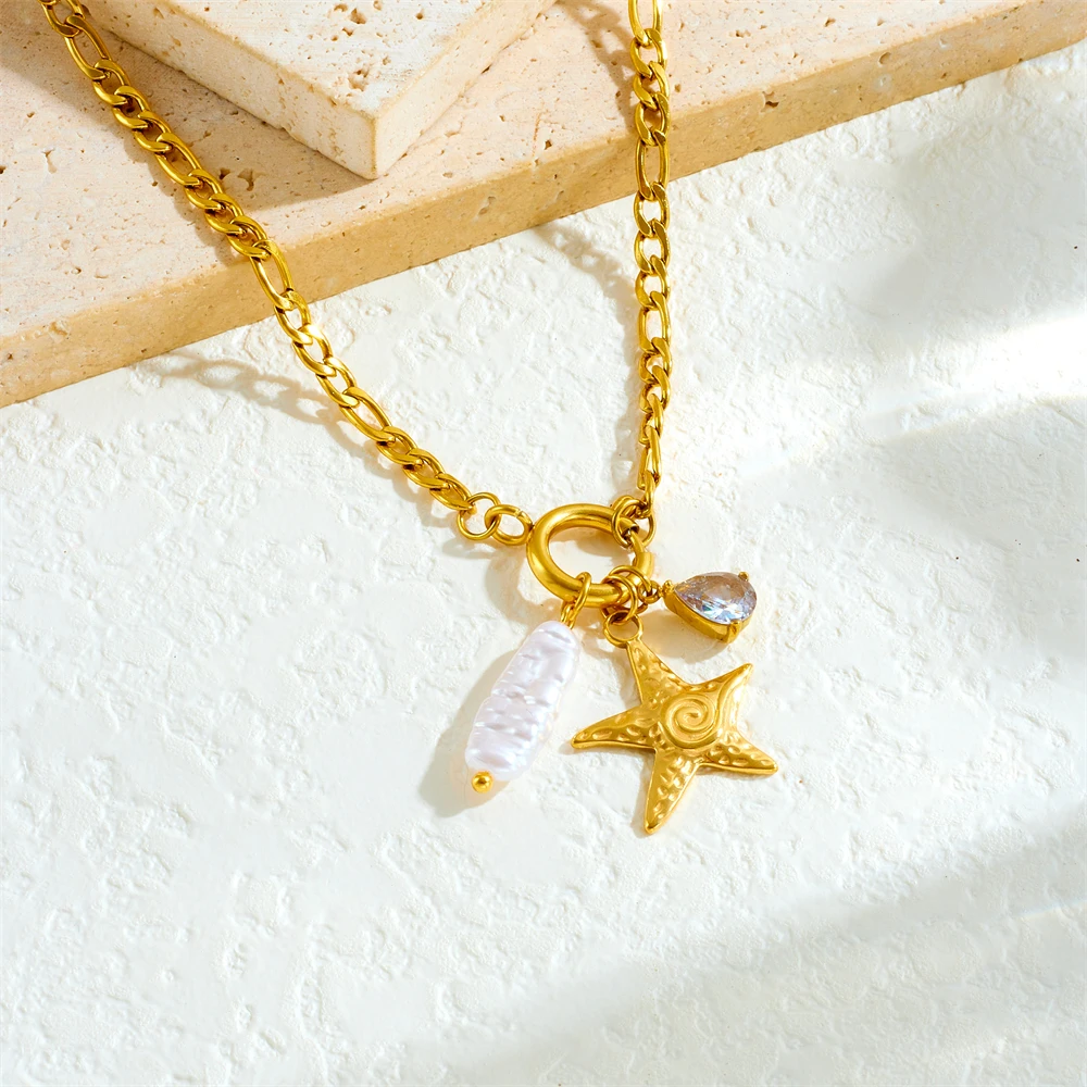 LAMENGLY 316L Stainless Steel Glamorous 5-Leaf Flower Heart Bow Starfish Pearl Shell Pendant Necklace Women Elegant Neck Chain - Image 6