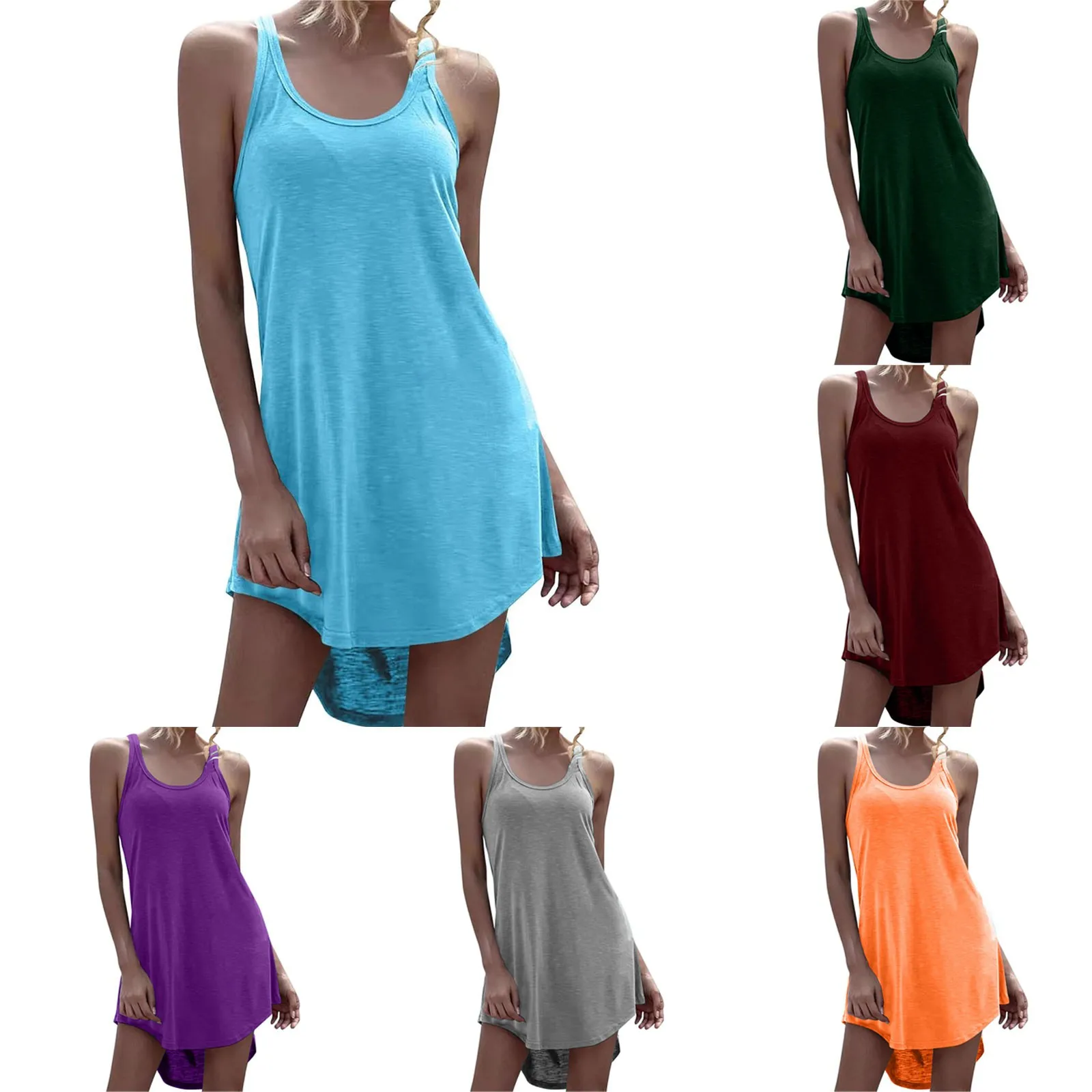 Women\'s Sexy Solid Color U Neck I Line Back Sleeveless Sports Casual Vest Dress Skirt Cute Summer Dresses