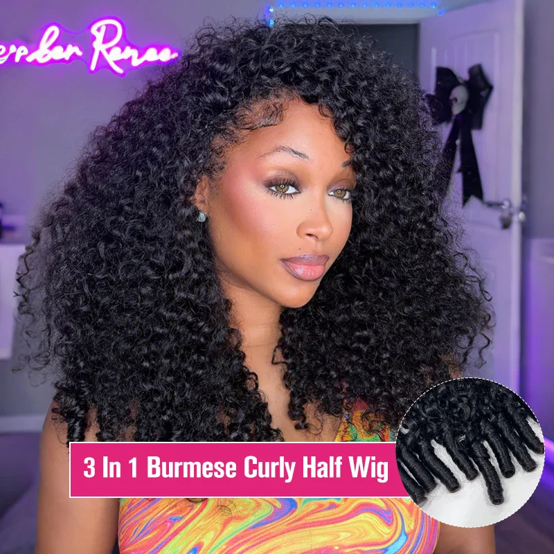 

300 Density Burmese Curly Human Hair Wigs For Women 4C Afro Kinky Culry 3 IN 1 Half Wigs Human Hair Wigs 100% Human Hair On Sale