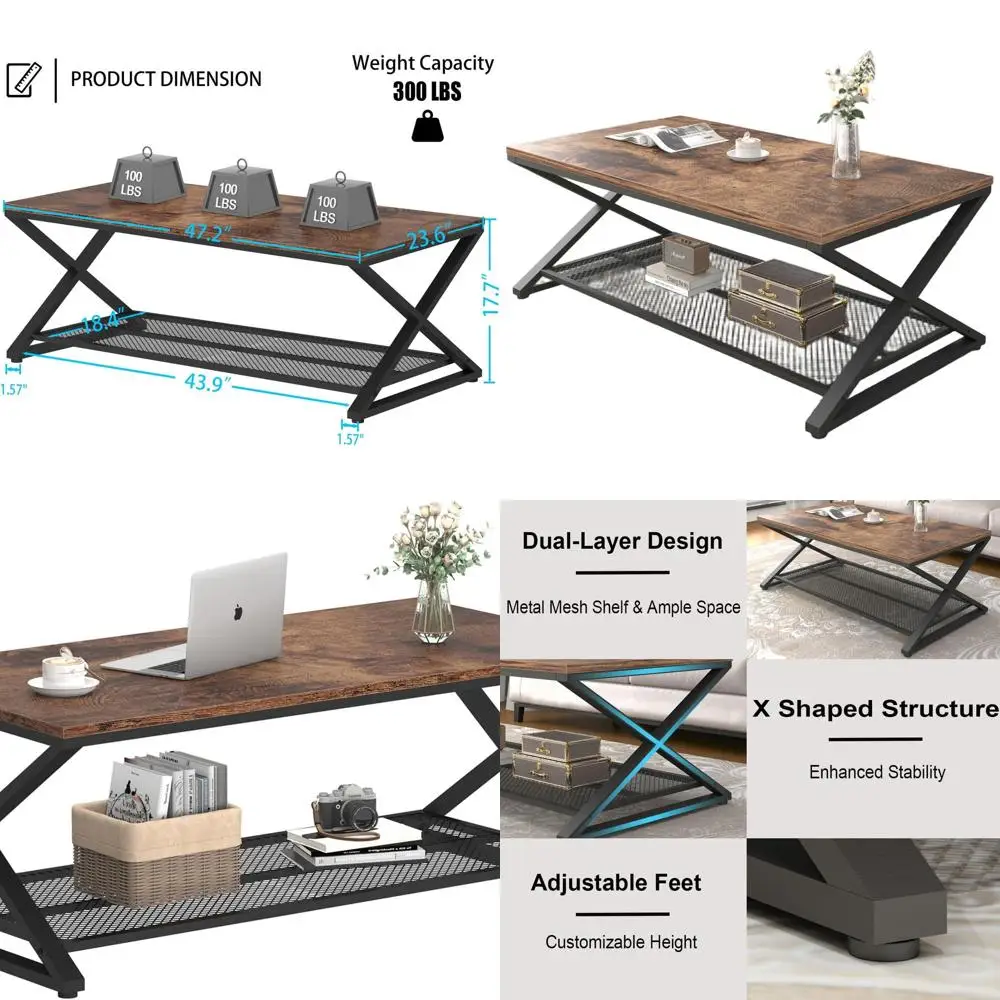 

Industrial-Style 2-Tier Storage Coffee Table, Rustic Brown Wood & Metal, 47 Mesh Shelf, Farmhouse Design for Living Room, Office