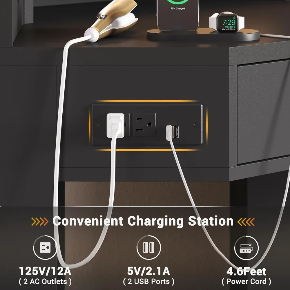 مكتب زينة زاوية BTHFST مع مرآة مضاءة، زينة مكياج مع أضواء ومحطة شحن، مجموعة زينة مع مرآة وتخزين #4