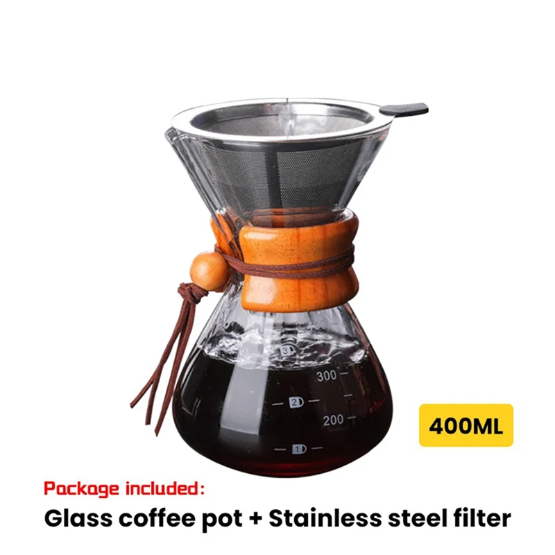 Cafetière classique en verre ABLN-400ML, manche en bois, résistante à la chaleur, cafetière manuelle, goutteur à main