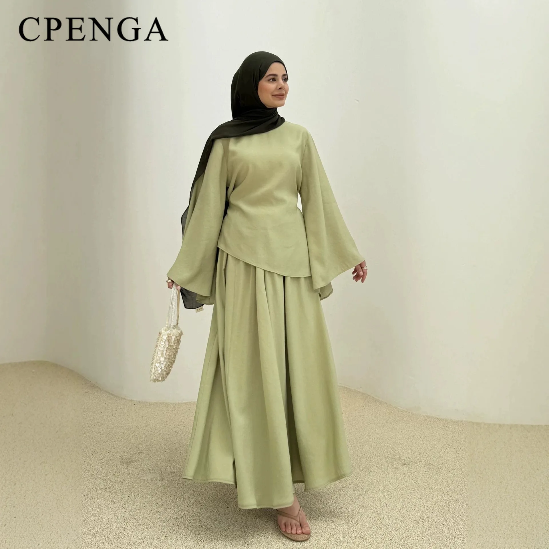 Elegant Muslim Women 2 Piece Abaya Set Ramadan Modest Summer Daily Turkey Top and Skirt Suit Islamic Casual Outfit for Eid