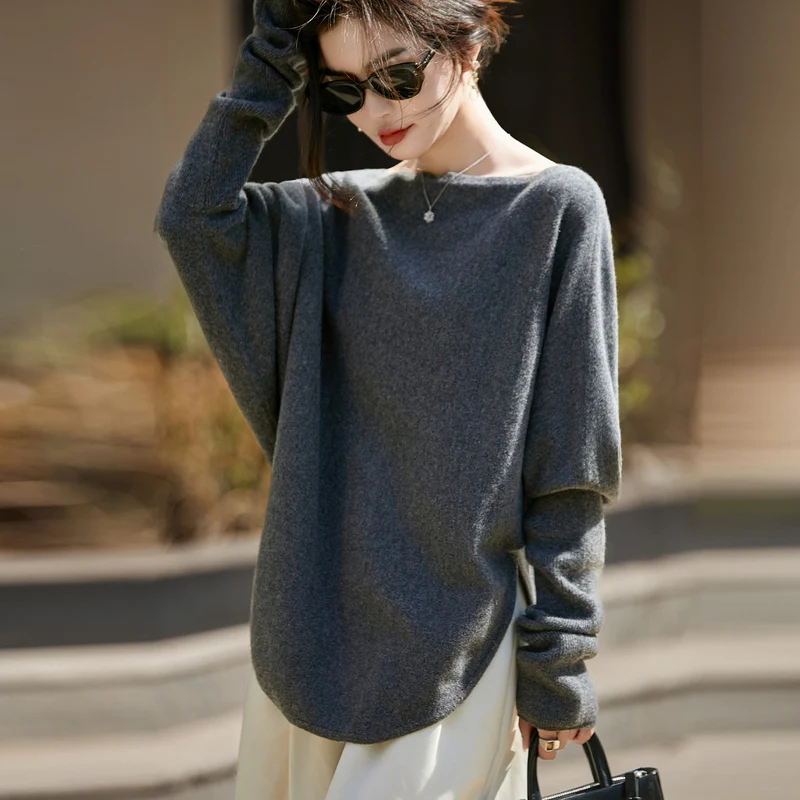 Women's Sweater 100% Pure Wool One Neck Knitted Pullover Fashion Korean Version Bat Sleeve Tops Loose Knit Sweater Autumn Winter