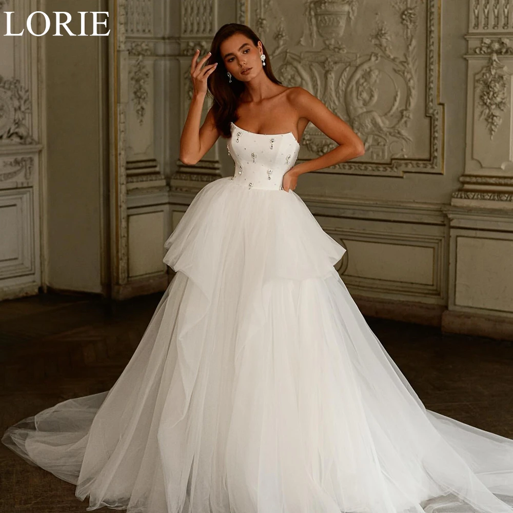 

LORIE Elegant Tulle Wedding Dresses A-Line Strapless Ruffles Rhinestone Pleated Bride Prom Gown Lace-up Bridal Gowns Customized