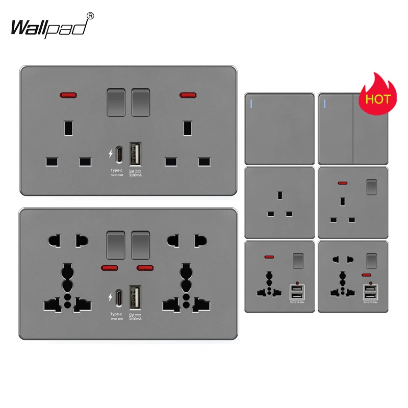 

Матово-серая панель ПК 3.1A, 18 Вт, вилка Type-C, быстрое зарядное устройство, универсальная розетка, настенная розетка Великобритании, 13 А, с зарядкой через USB 5 В, Type-c