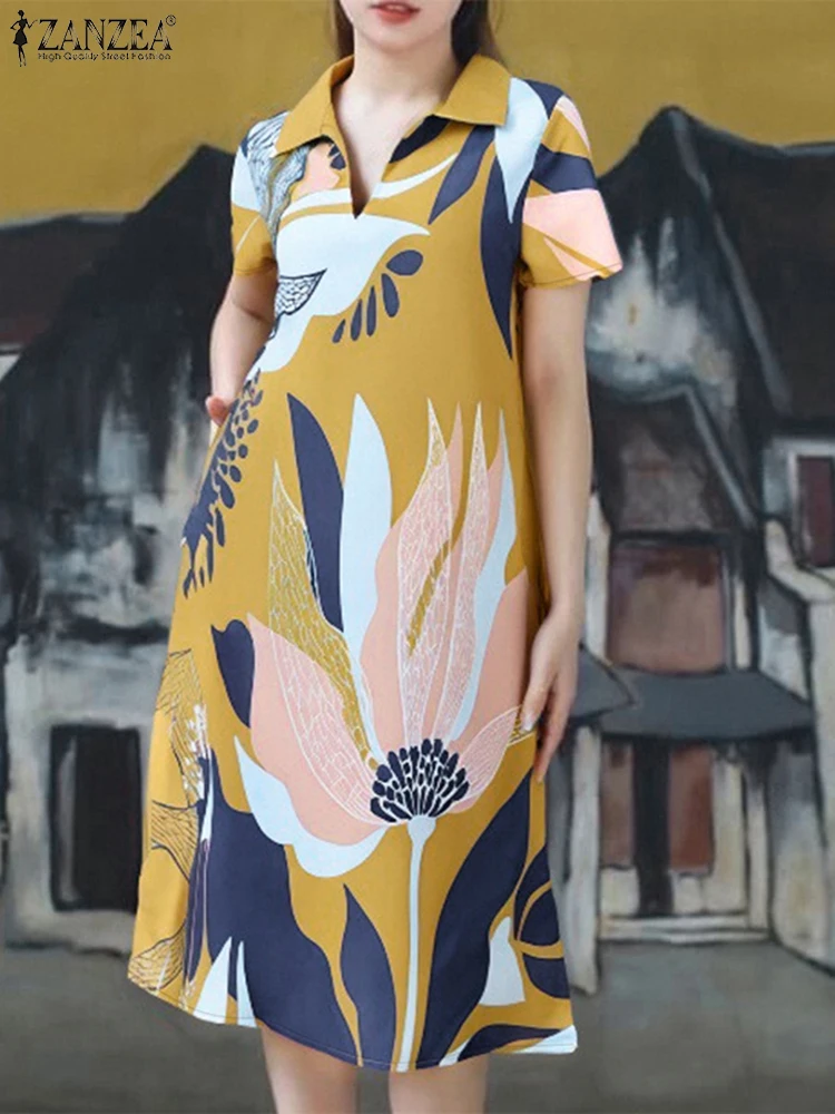 2023 ZANZEA Sommer Revers Kurzarm Urlaub Sommerkleid Gedruckt Kleid Retro Frauen Kleider mode Casual Arbeit Vestidos Robe Femme