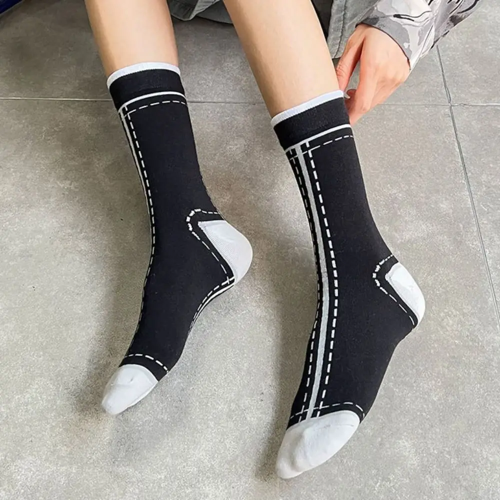 5Pairs Sweet Patchwork Stripe Socks Kawaii Mid Tube Dashed Line Socks Korean Ins Style Anti-slip Socks Women Lady