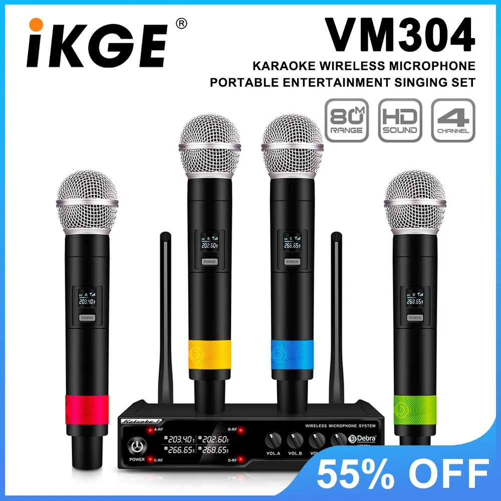 VM304 Audio 4-channel wireless microphone system, handheld microphone with a range of 80 meters for conferences, karaoke, etc.