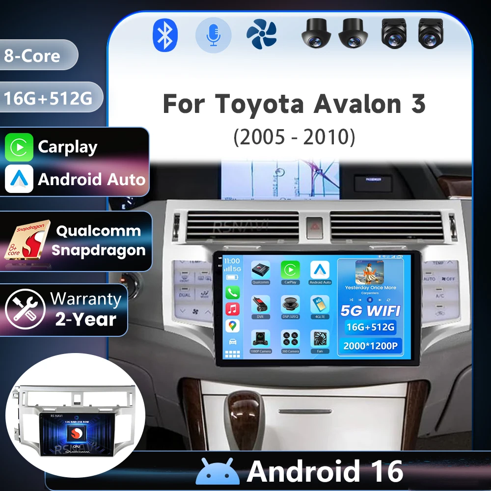 Android 16 Qualcomm Carplay Autoradio für Toyota Avalon 3 2005 - 2009 2010 Autoradio Multimedia-Player 8-Kern-Haupteinheit Stereo