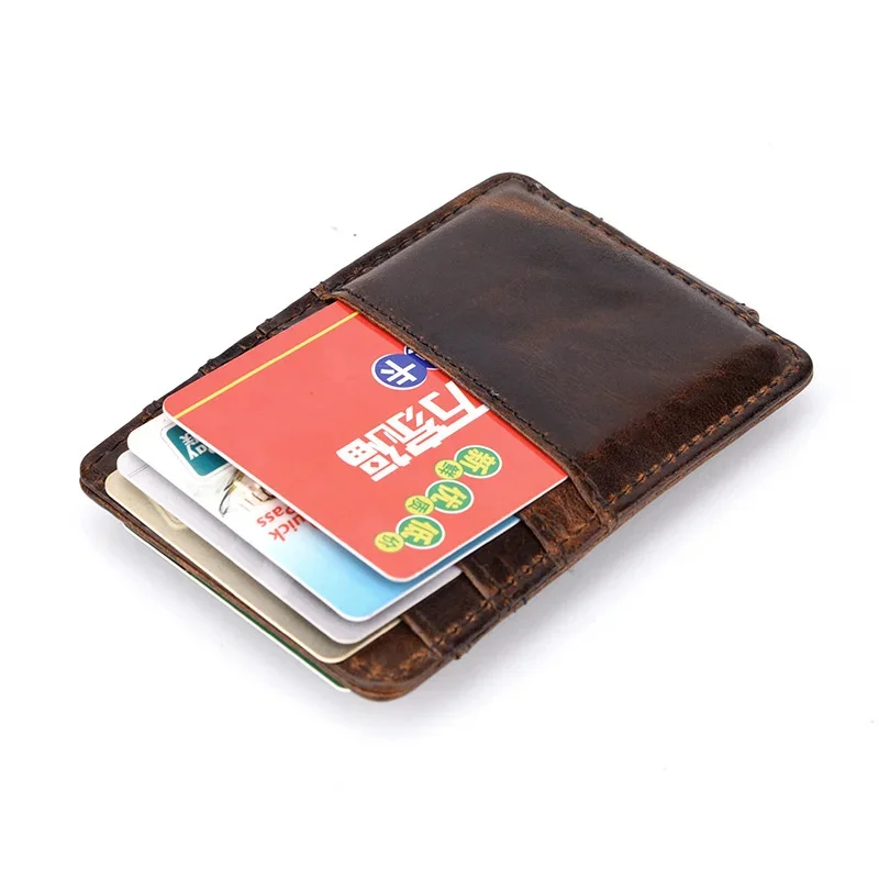 Oil Wax Cowhide Men Money Clips ID/Credit Purse Pocket Genuine Leather Magnetic Buckle Retro Slim Mini Card Holer Wallets