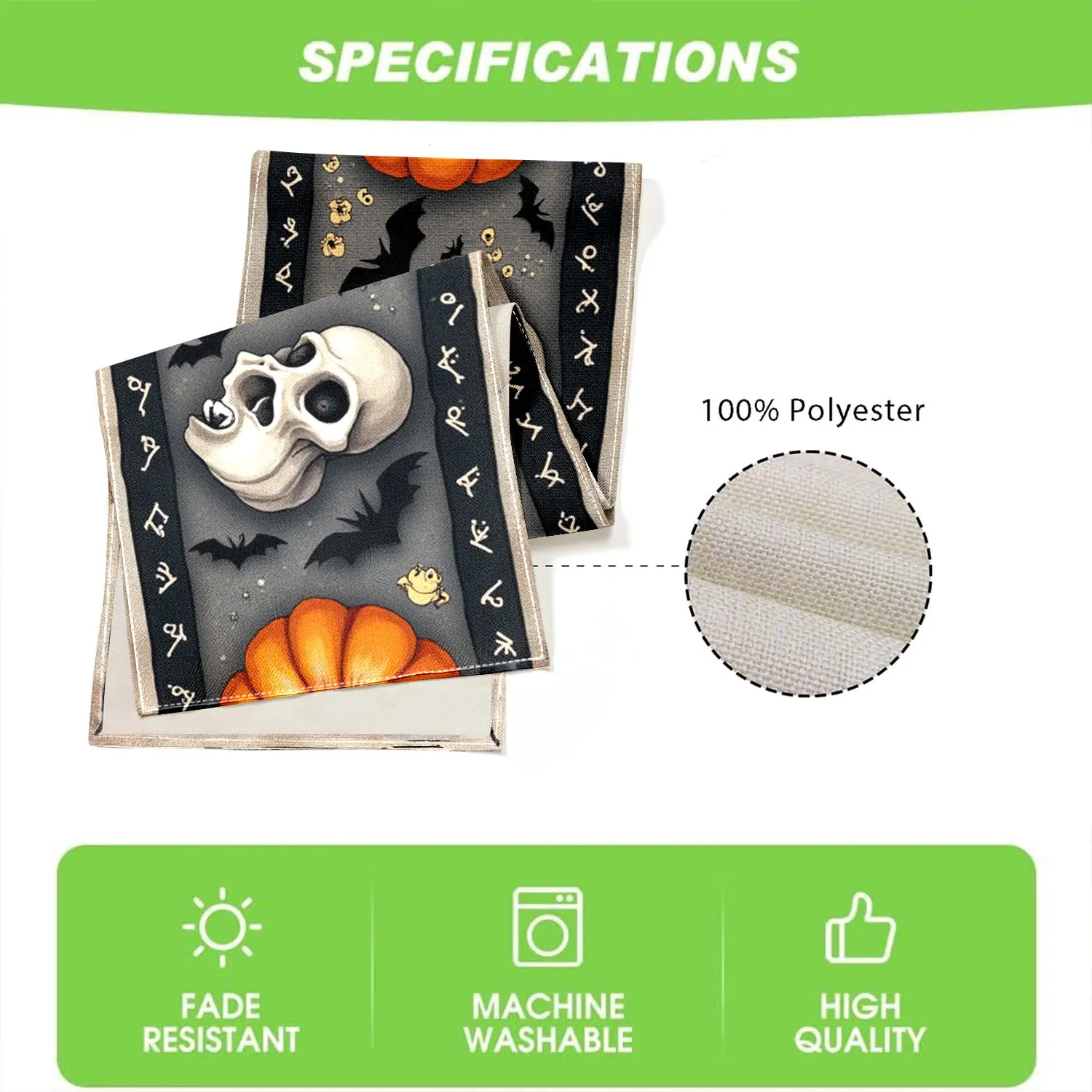 قطعة واحدة من مفرش طاولة الهالوين ذو الطابع الداكن، يتميز بجمجمة واليقطين والهيكل العظمي وأنماط الخفافيش، مناسب لحفلات الهالوين والديكورات الداكنة #6