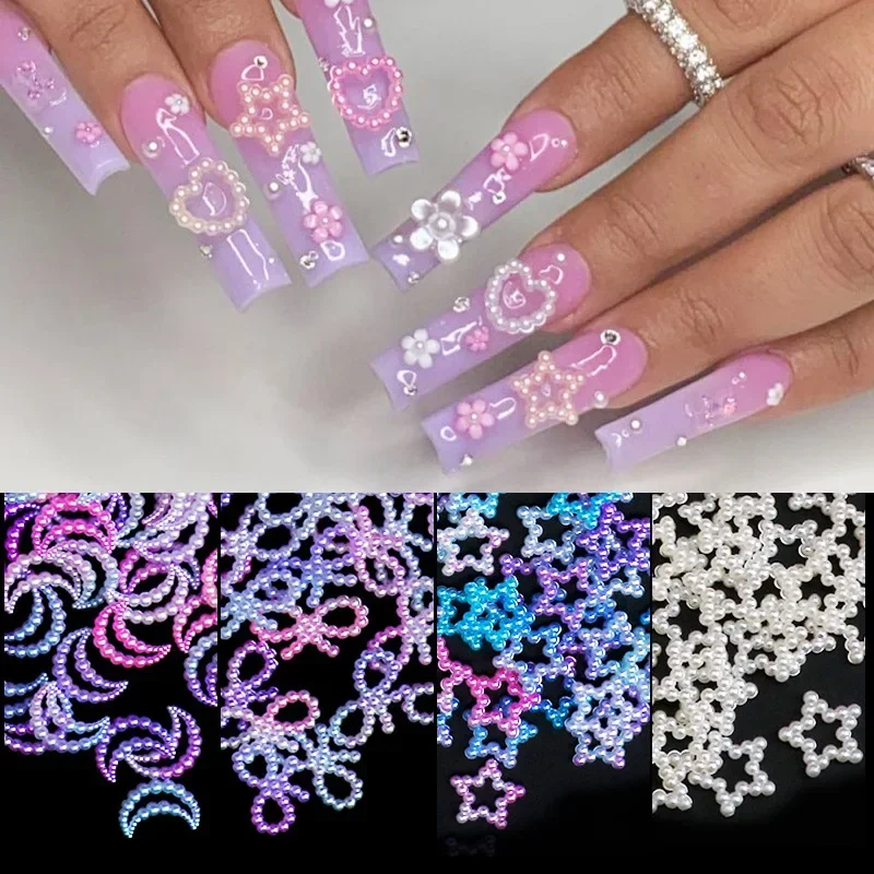 3D Hollow Star Pearl Nail Art Charms, Flatback redondo, DIY Acessórios para unhas, Decoração de jóias, branco, roxo, 10 pcs, 100 pcs