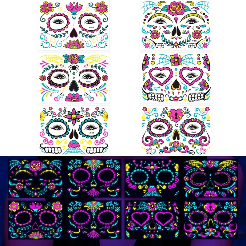 Day of the Dead Fluorescent Sticker Temporary Tattoos Waterproof Skin Tattoos for Face Party Music Concert Bar Halloween Tattoo